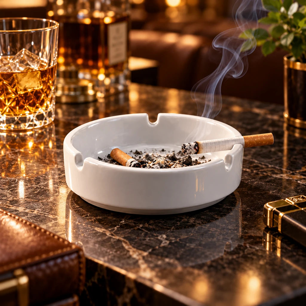 Forte B.K Classic Three-Notch White Ceramic Ashtray, 5 Inch