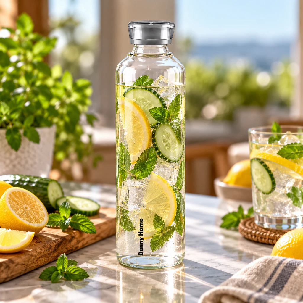 Danny Home Clear Glass Water Bottle with Coloured Cap, 1 L