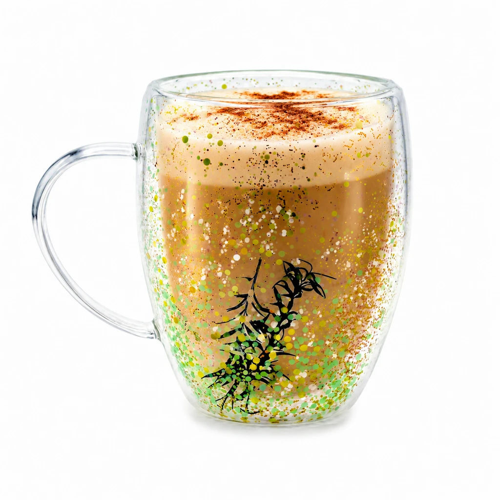 D.W.M Green Confetti Leaf Double-Wall Glass Mug, 350 ml