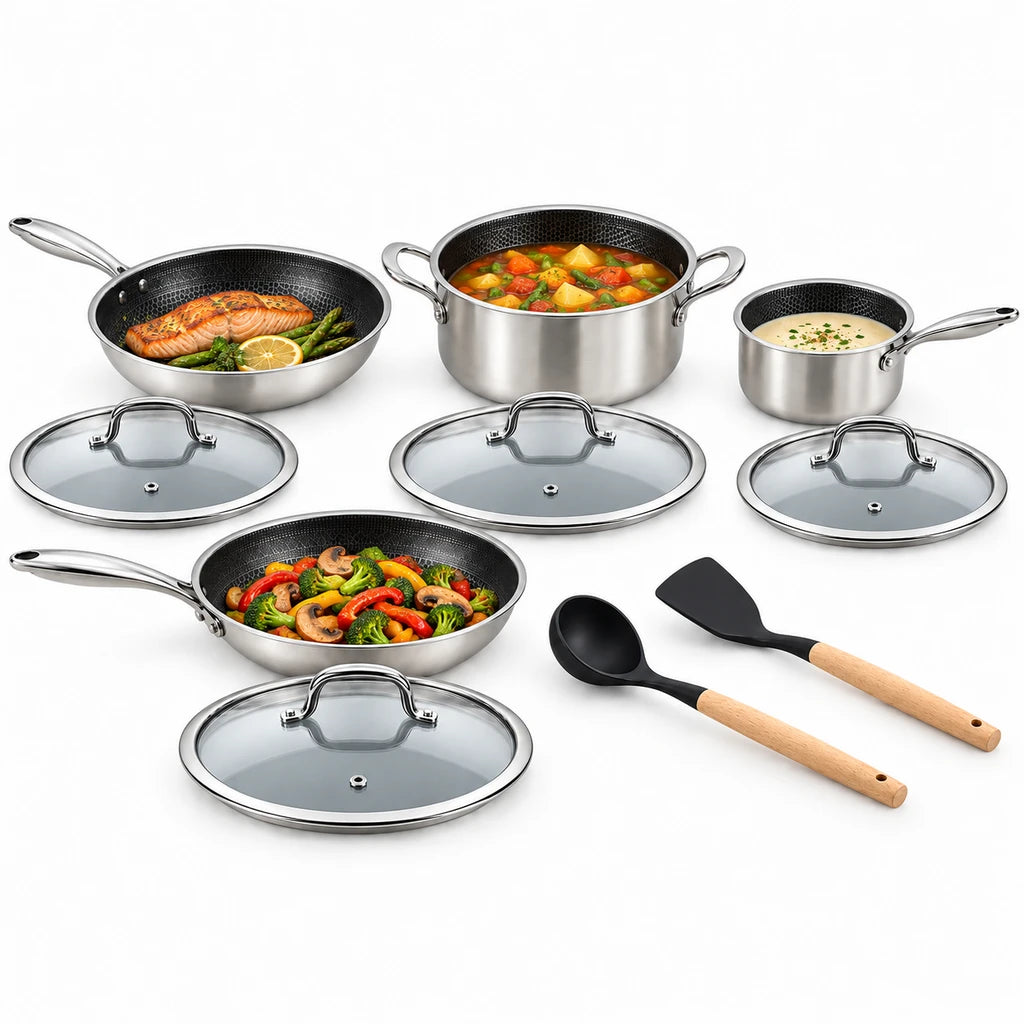 UCC Life 9-Piece Honeycomb Non-Stick Stainless Steel Cookware Set