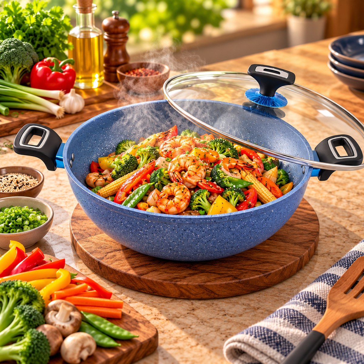 Prestige Lion 34 cm Non-Stick Induction Wok - Black, Grey & Green