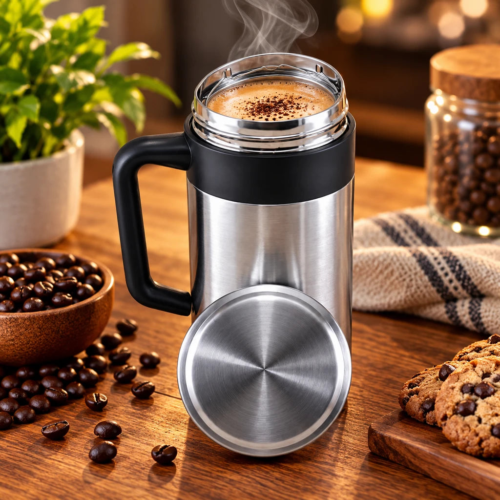 Crest 500 ML Vacuum-Insulated Coffee Mug with Handle | Silver Color