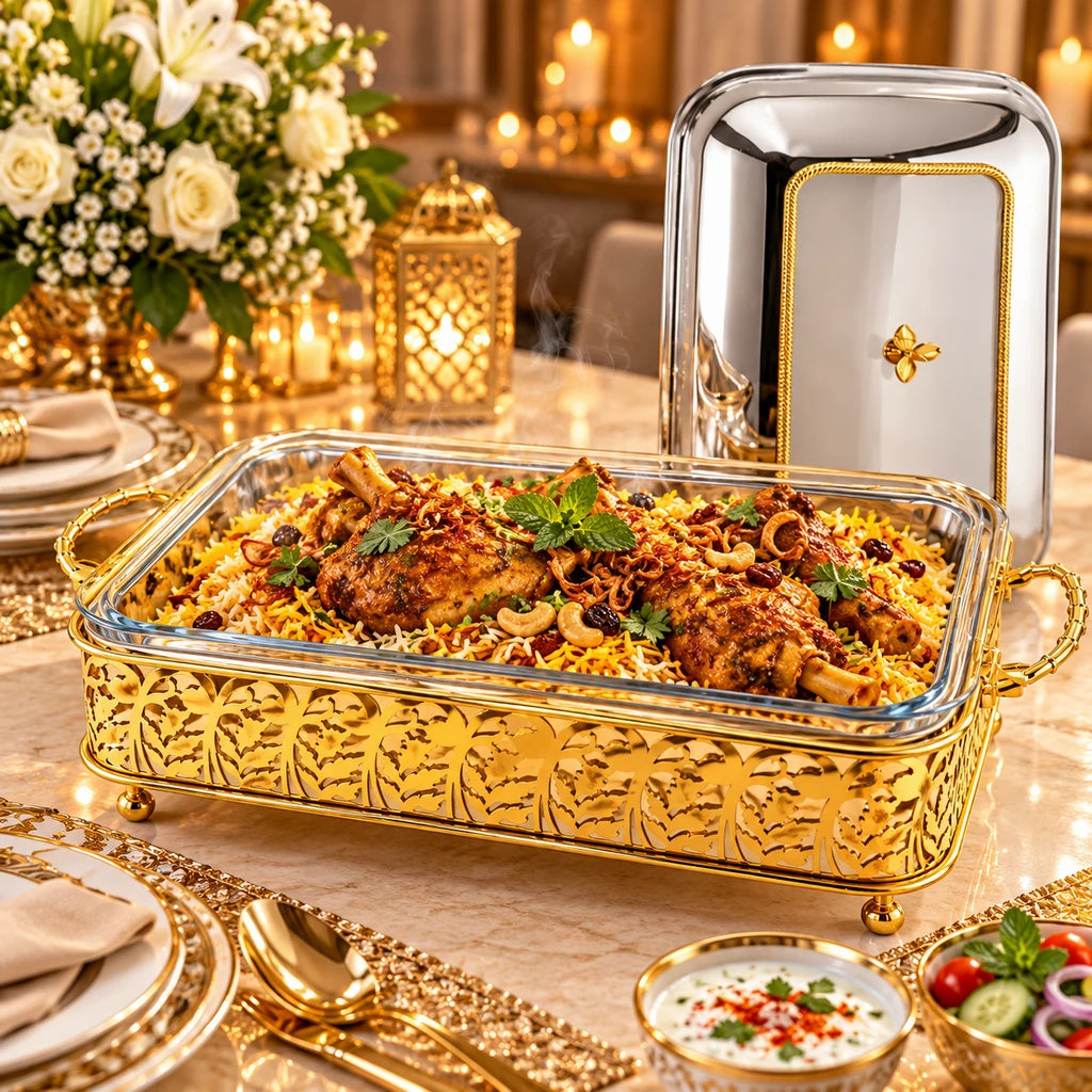 Fancy Stainless Steel Food Warmer With Glass Dish, Lid & Stand - 40 & 45 cm