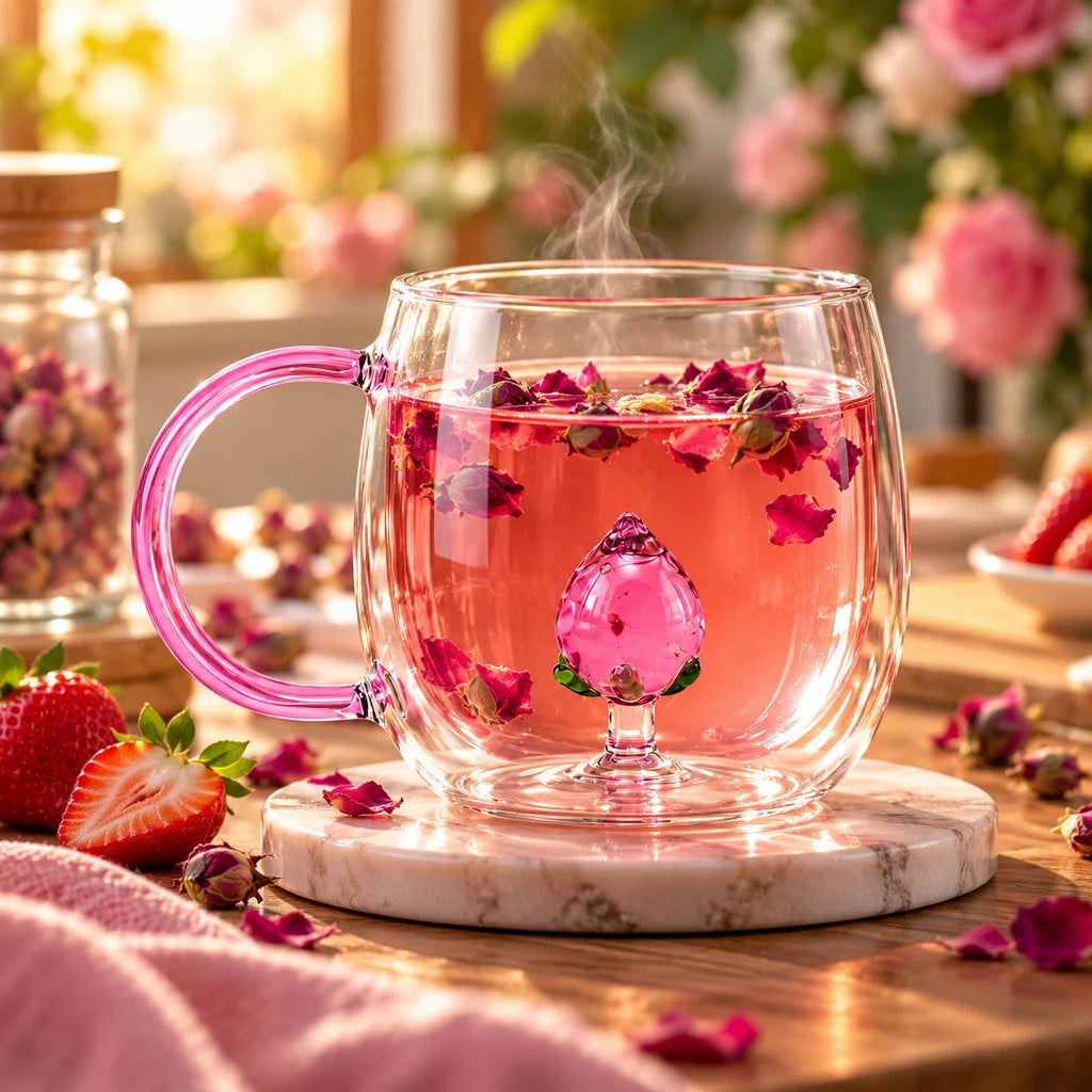 D.W.M Ruby-Dot Pink Peach Glass Mug with Pink Handle, 400 ml