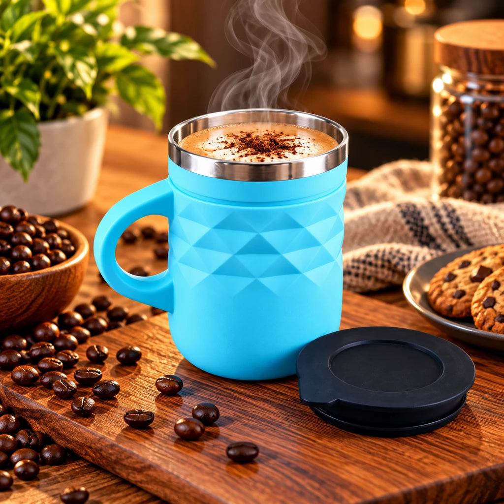 IQIX 400 ml Geometric Stainless Steel Coffee Mug with Lid | Blue Color