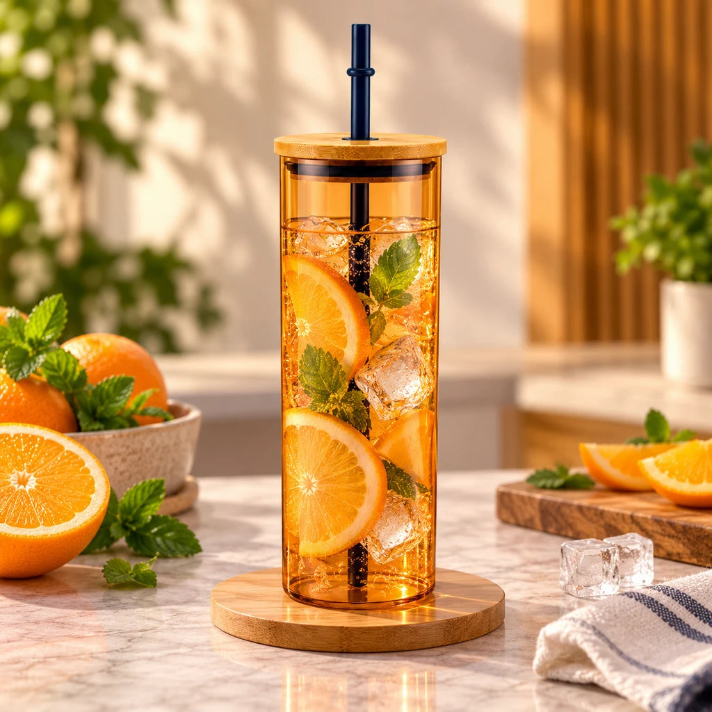 Kleeyo Slim Tint 450 ml Glass Mason Jar with Straw, Pink or Brown