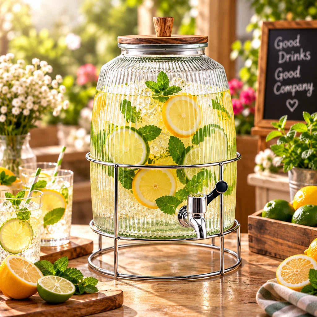Danny Home 6-Litre Ribbed Glass Beverage Dispenser with Stand & Wooden Lid