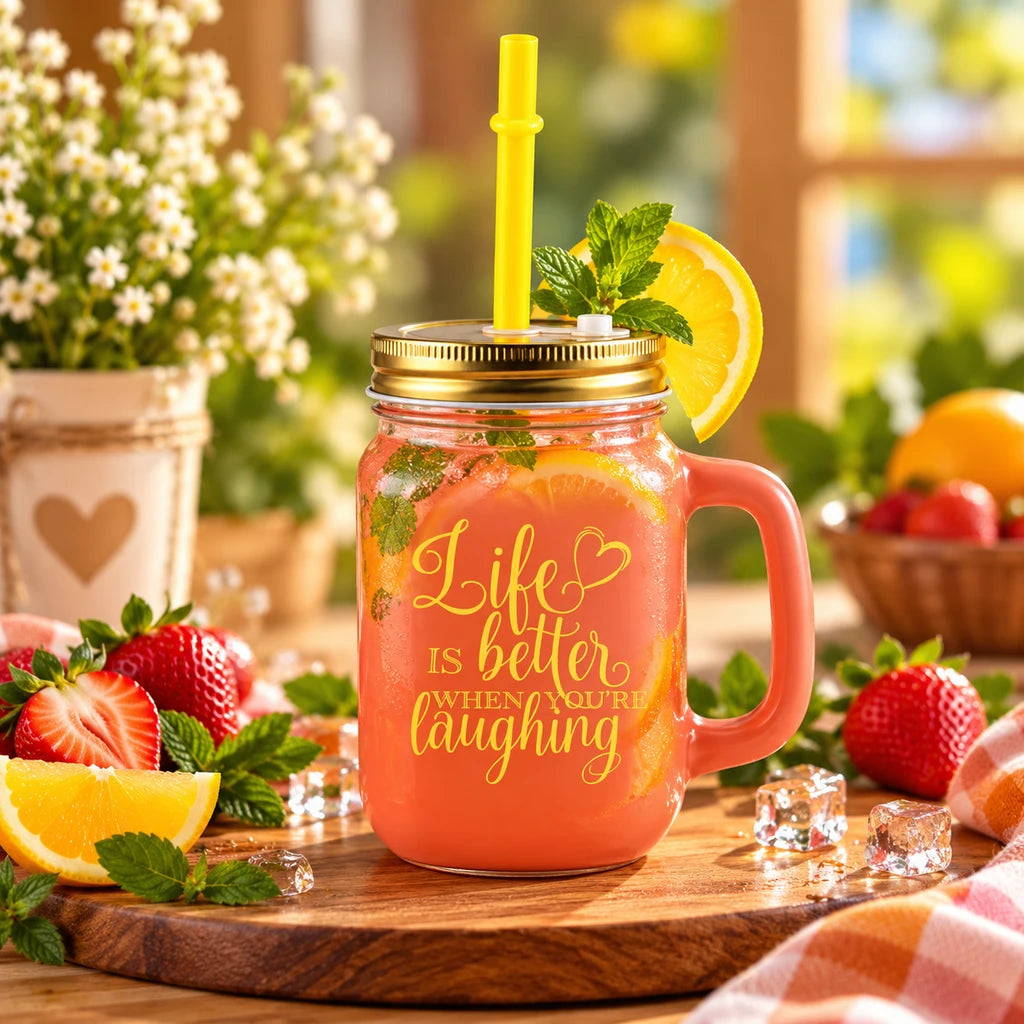 Kleeyo Coral Laughing Life 450 ml Glass Mason Jar