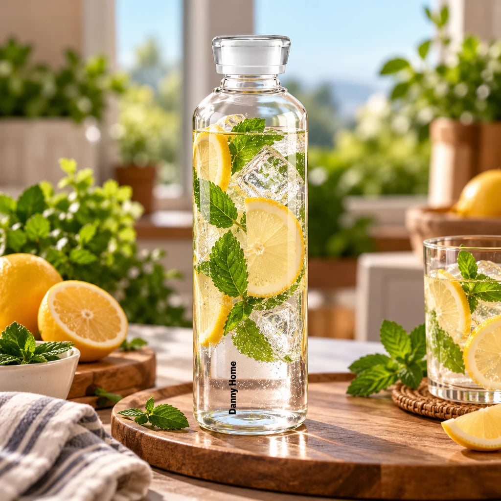 Danny Home Clear Glass Water Bottle with Coloured Cap, 1 L