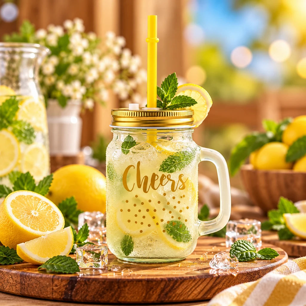 Kleeyo Golden Cheers 450 ml Glass Mason Jar with Straw