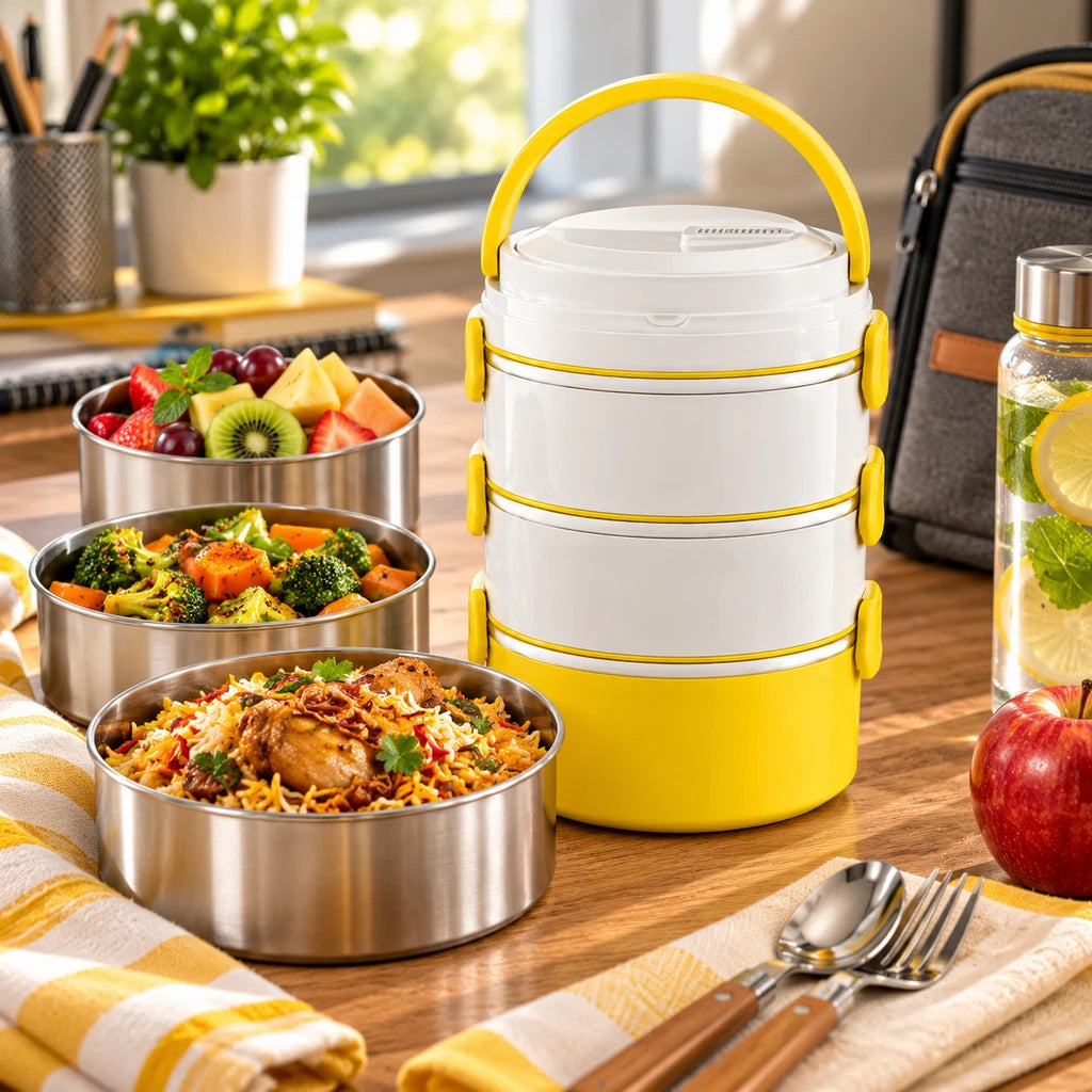 DB 3-Tier Stainless Steel Lunch Box with Plastic Exterior