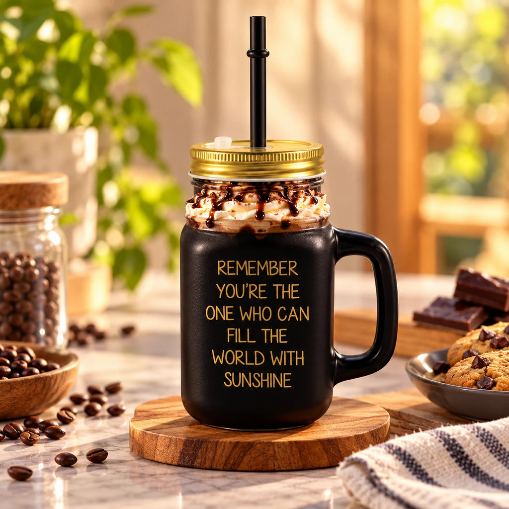 Kleeyo Black Sunshine 450 ml Glass Mason Jar with Straw