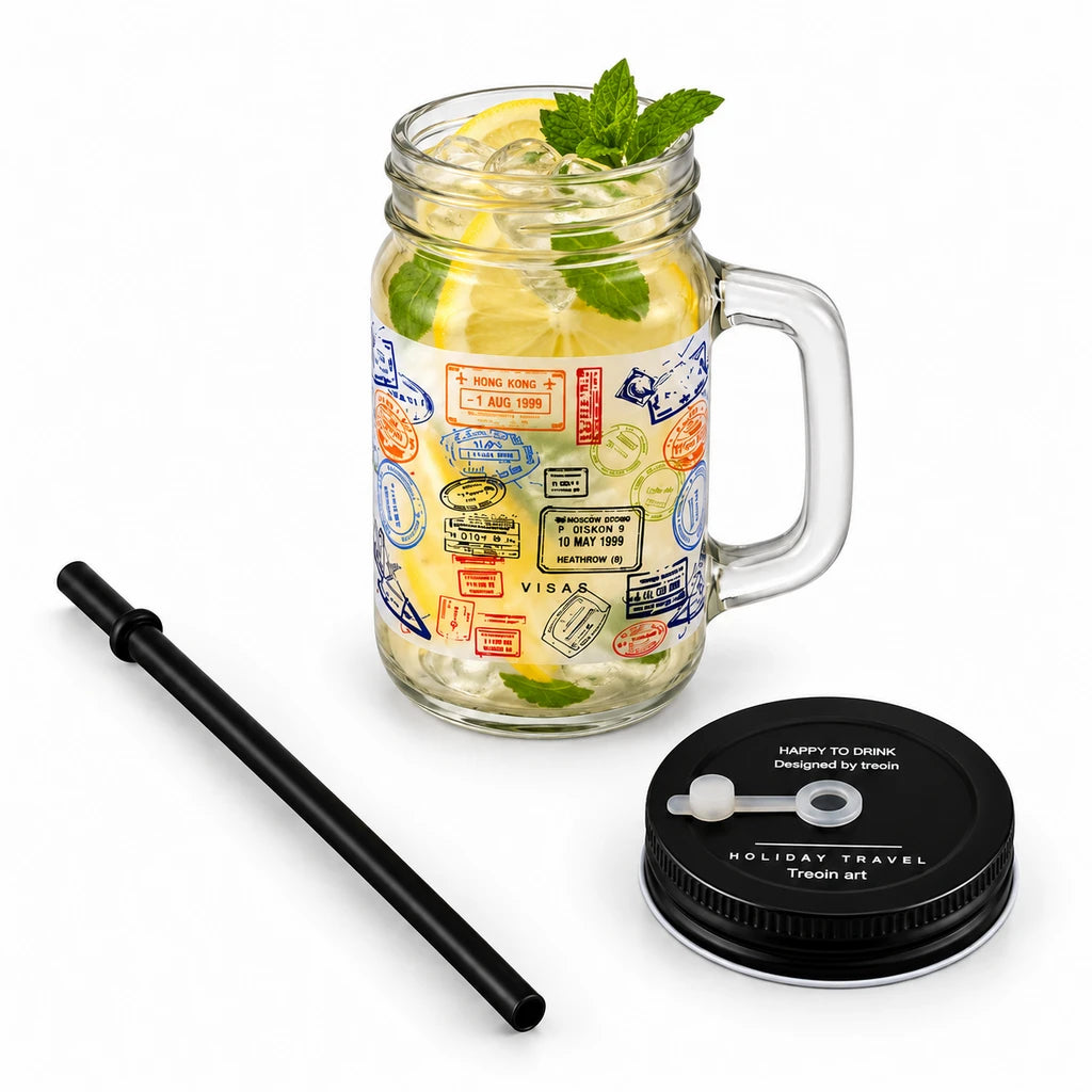 Kleeyo Travel Stamps 450 ml Glass Mason Jar with Straw
