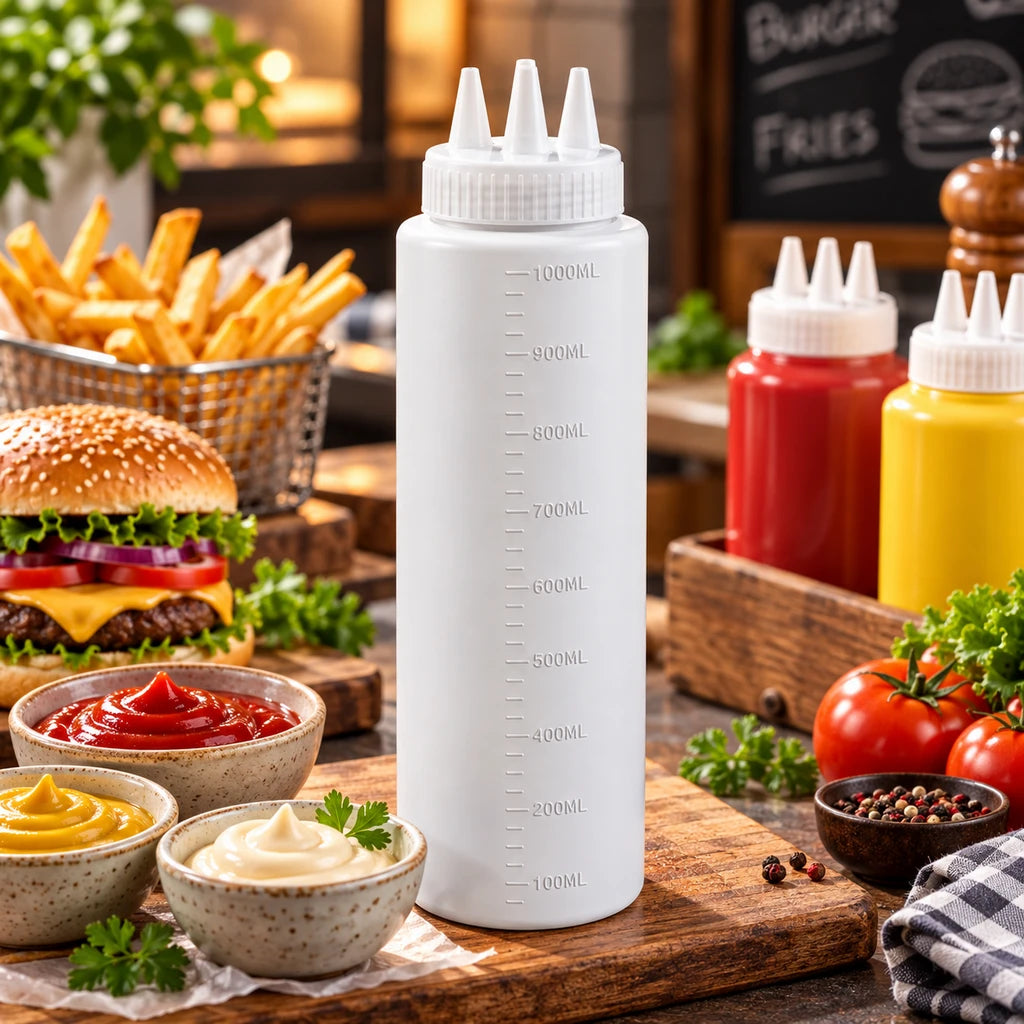 Best 1000 ml White Plastic Sauce Bottle With 3 Nozzles & Volume Markings