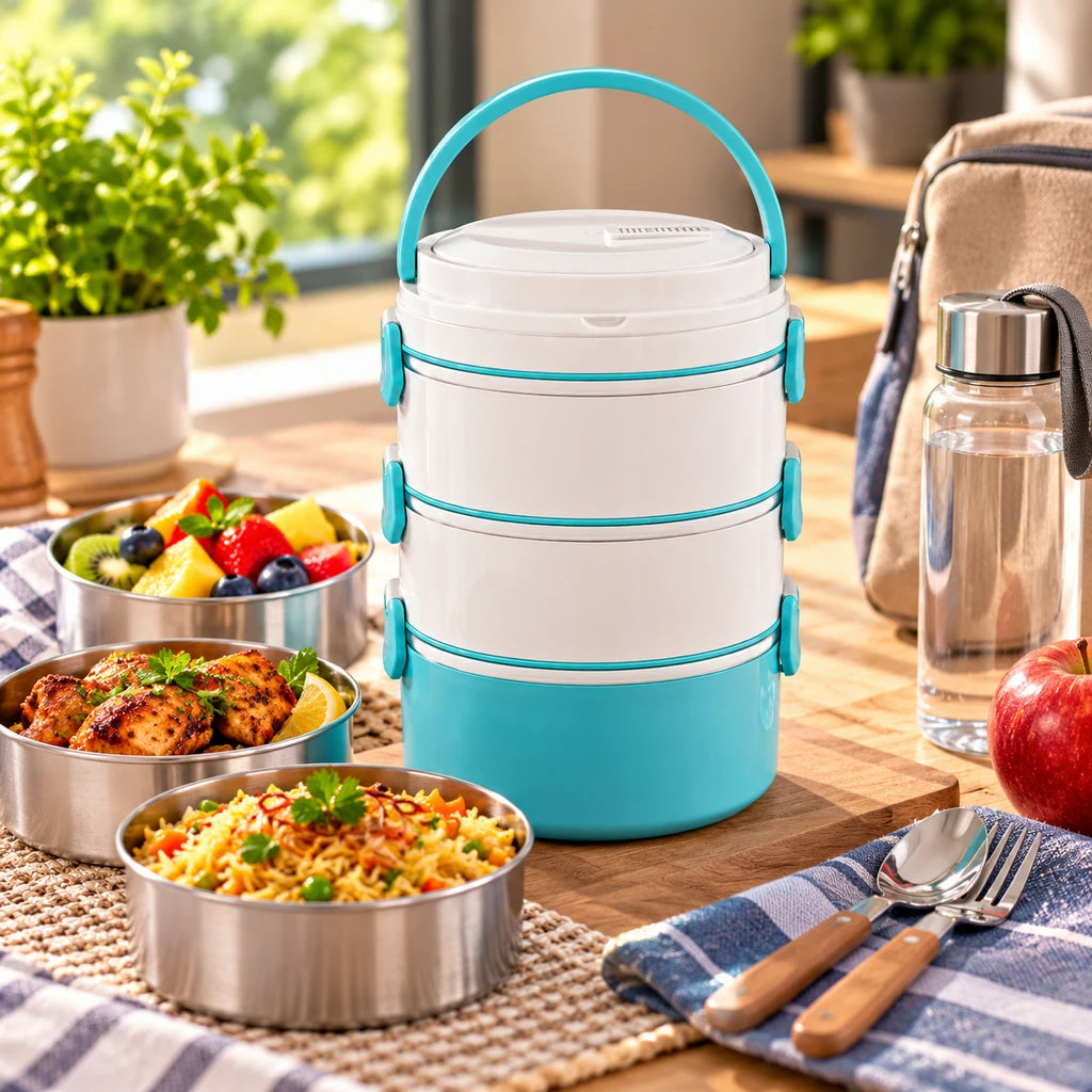 DB 3-Tier Stainless Steel Lunch Box with Plastic Exterior