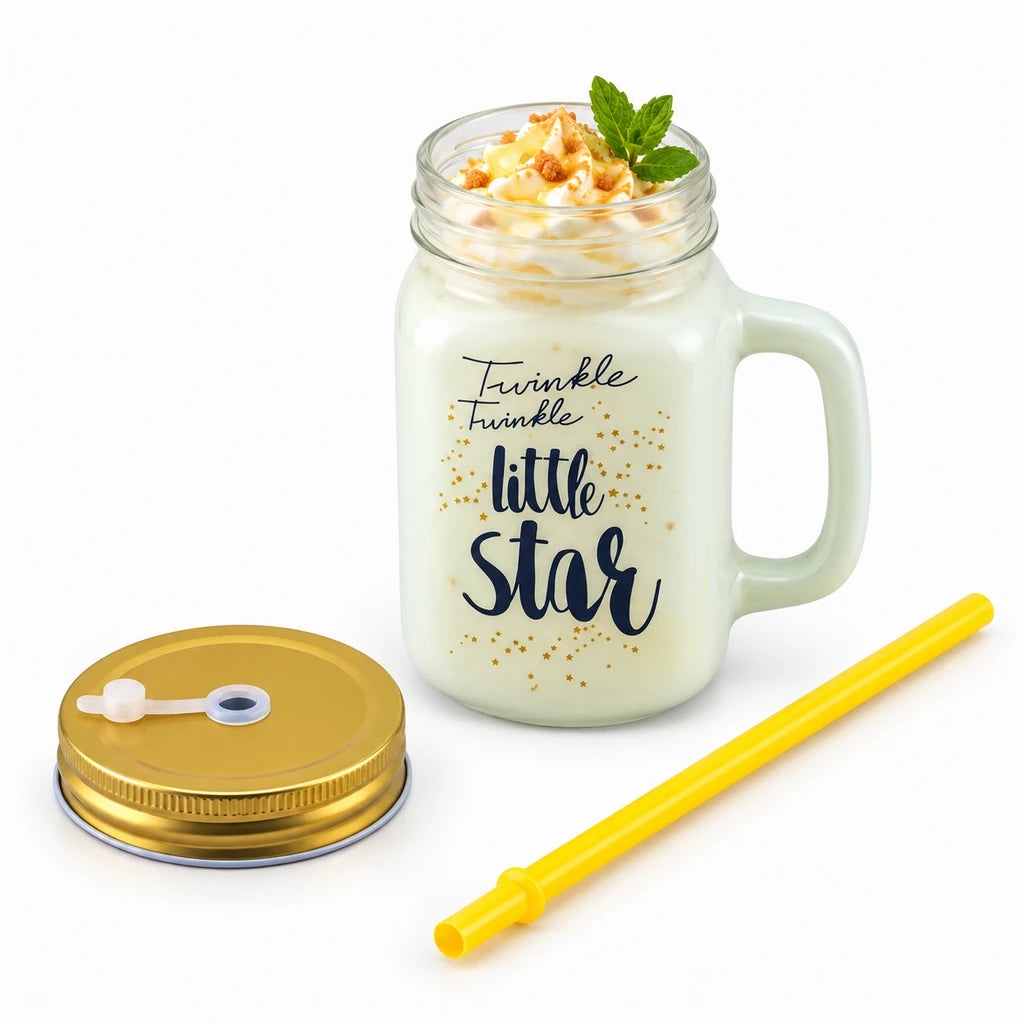 Kleeyo Twinkle Star 450 ml Glass Mason Jar with Straw