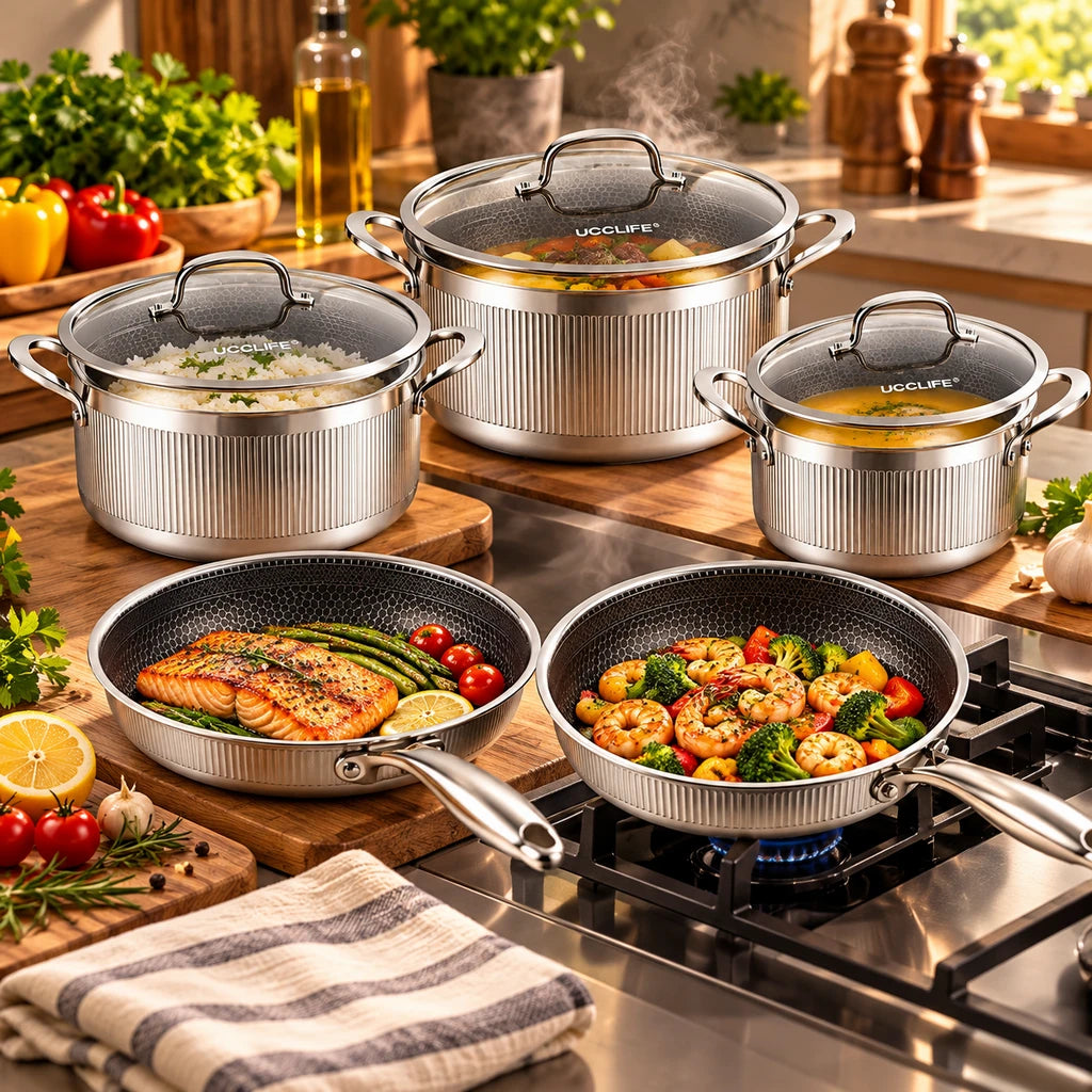UCC Life 8-Piece Honeycomb Non-Stick Stainless Steel Cookware Set
