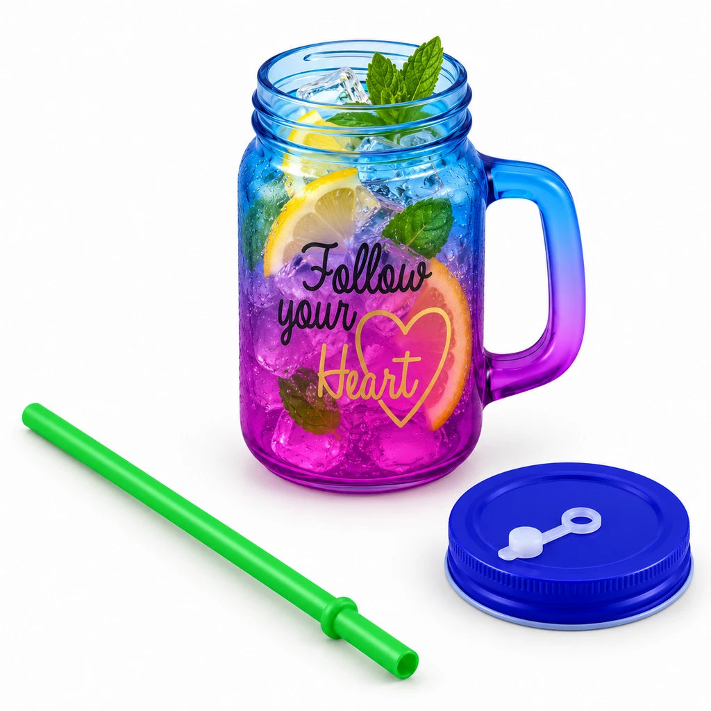 Kleeyo Blue-Pink Follow Your Heart Glass Mason Jar, 450 ml