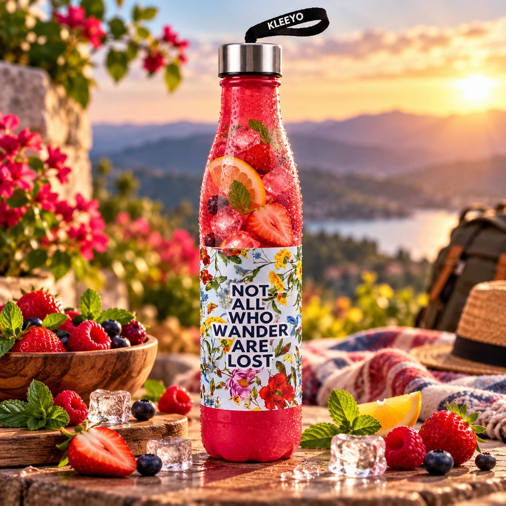Kleeyo Red Wander Florals Steel Bottle, 550 ml