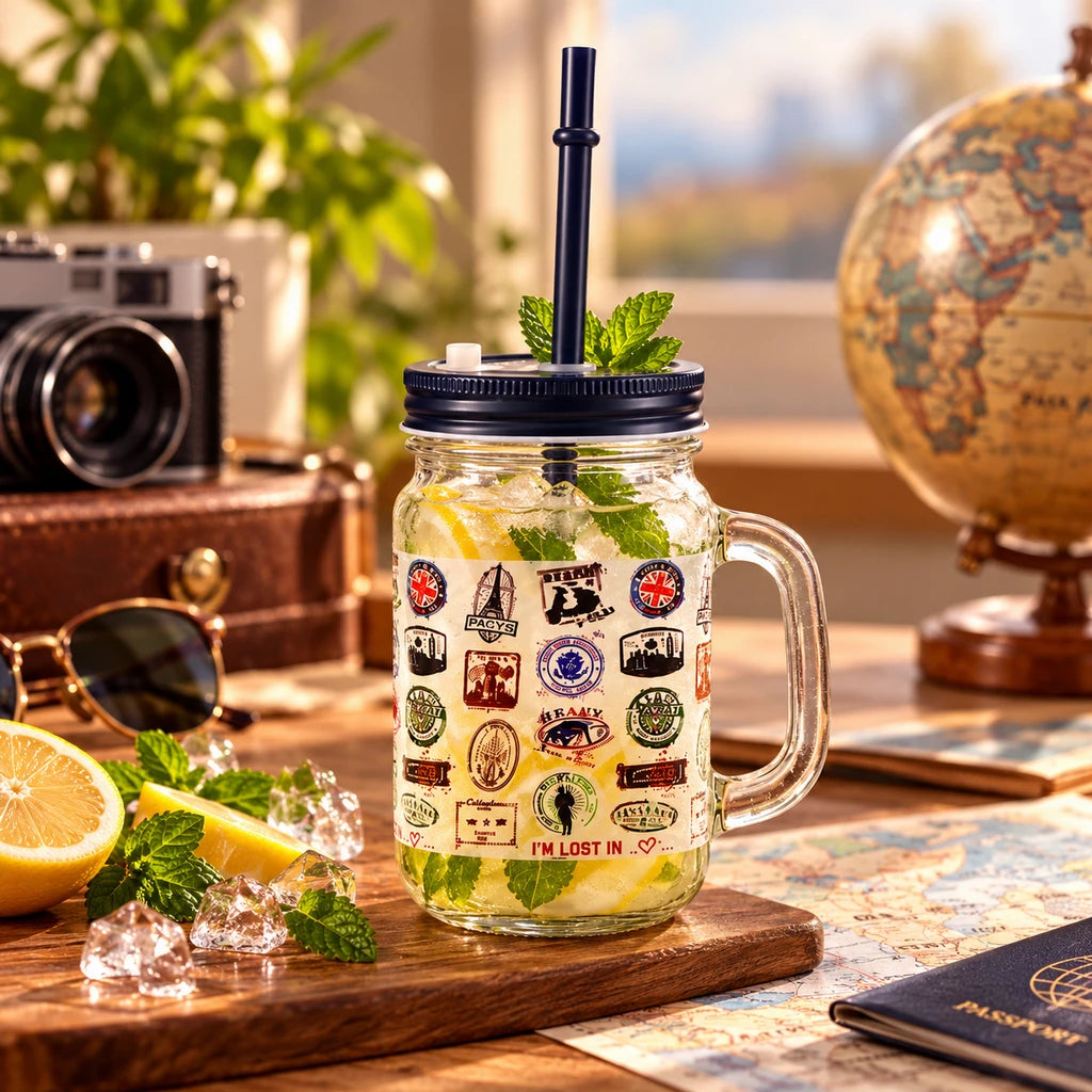 Kleeyo Passport Stamps 450 ml Glass Mason Jar with Straw