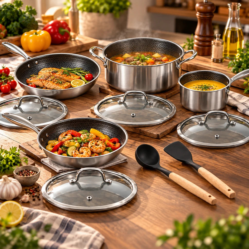 UCC Life 9-Piece Honeycomb Non-Stick Stainless Steel Cookware Set
