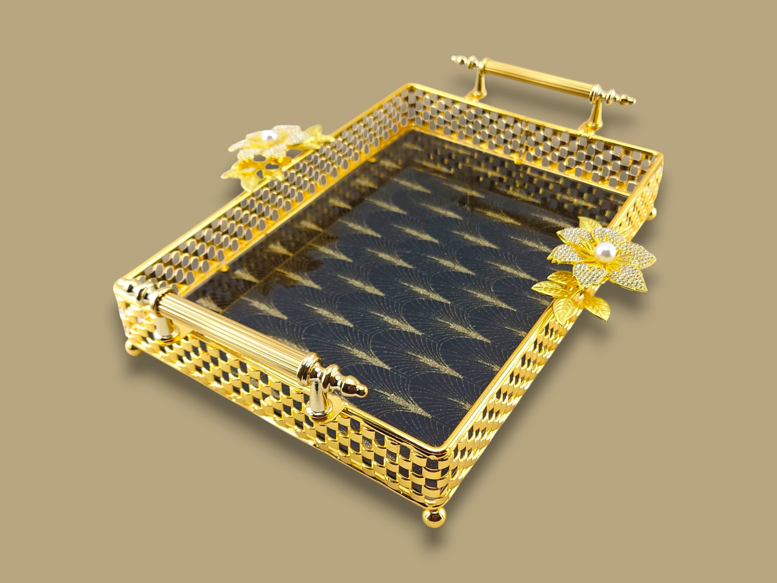 Fancy Glass Rectangular Tray Golden