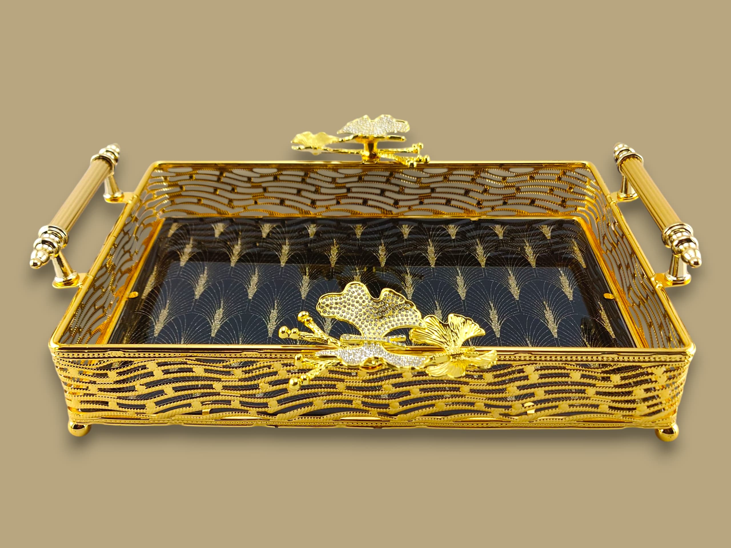 Fancy Glass Rectangular Tray Golden