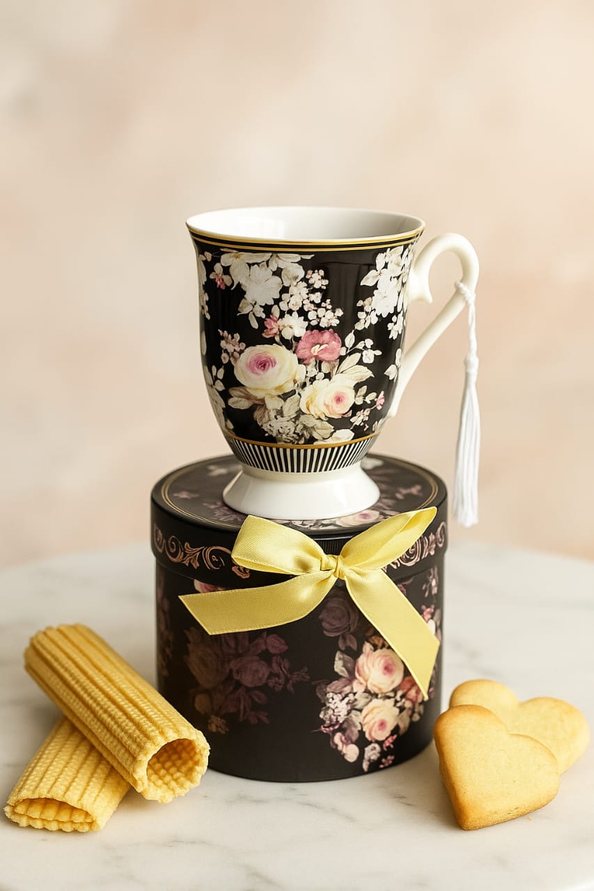 Porcelain 300ml Black Flower Design Mug with Gift Box