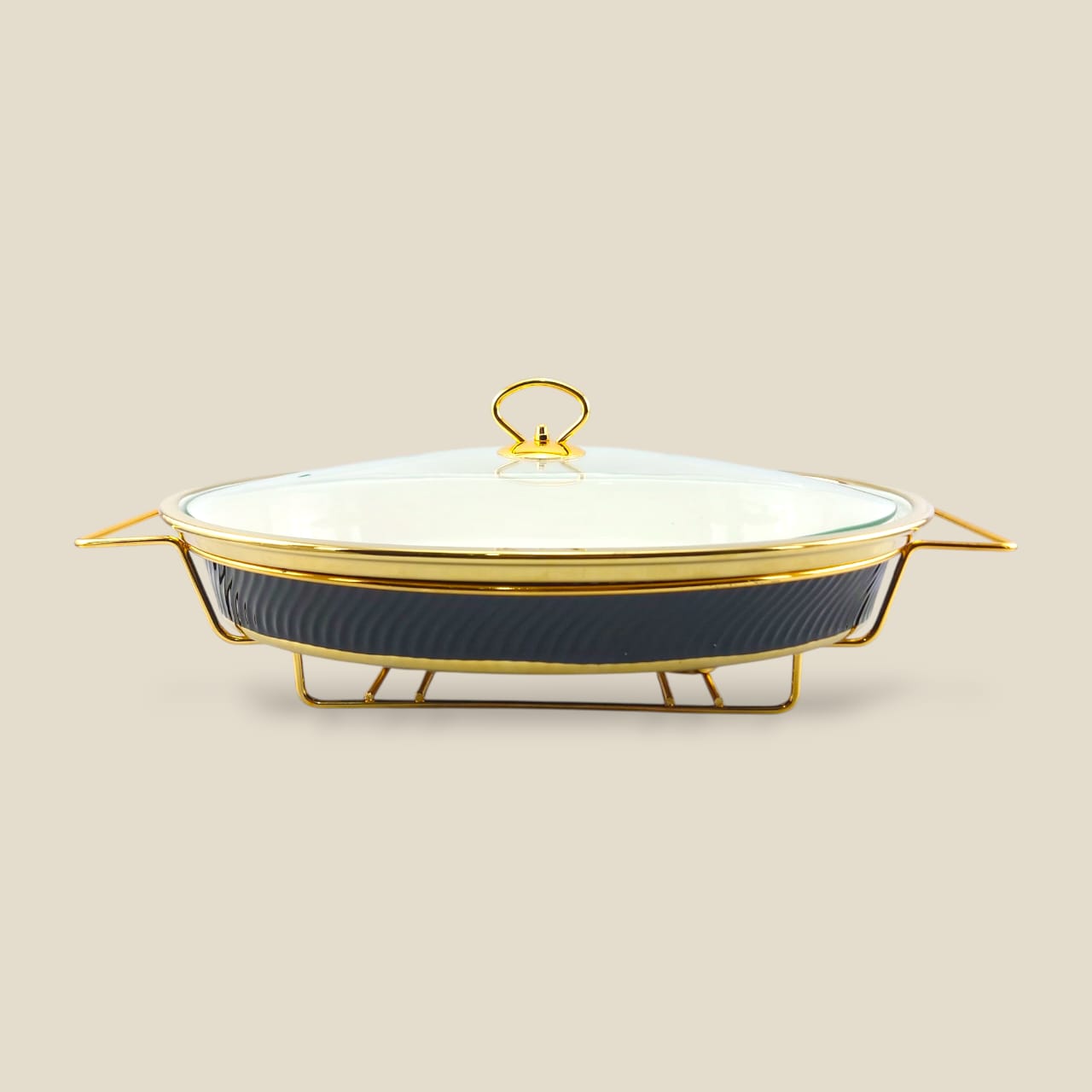 Brilliant Oval Casserole Black And Glass Lid 16" With Golden Stand