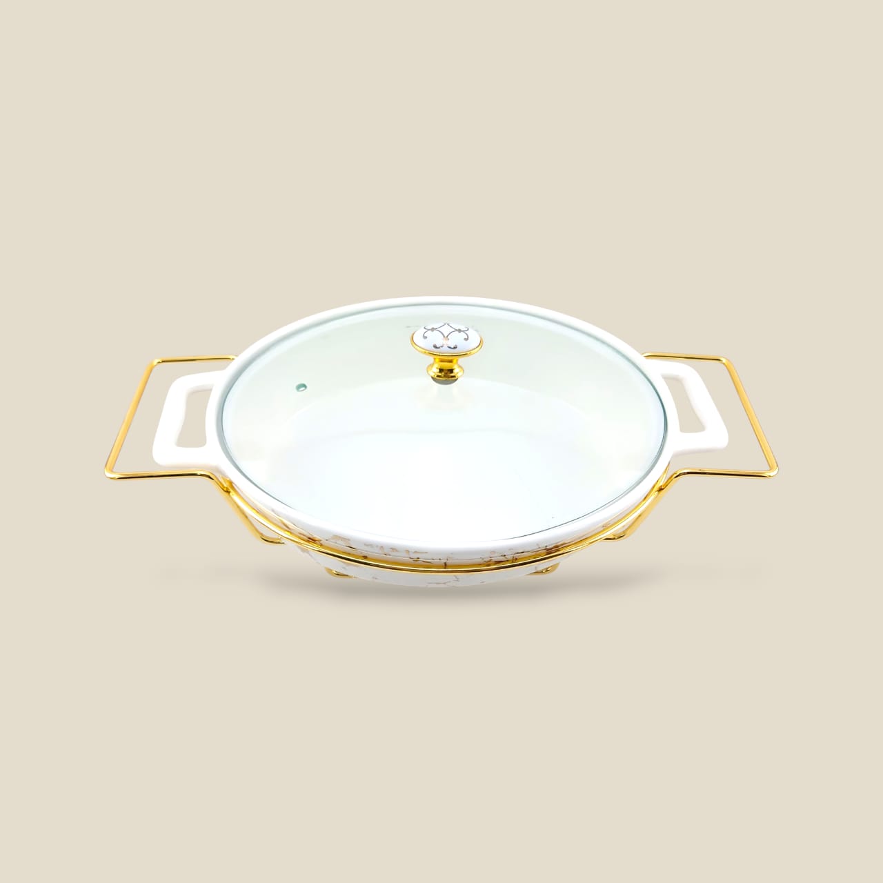 Brilliant Oval Casserole And Glass Lid 13.5" With Golden Stand