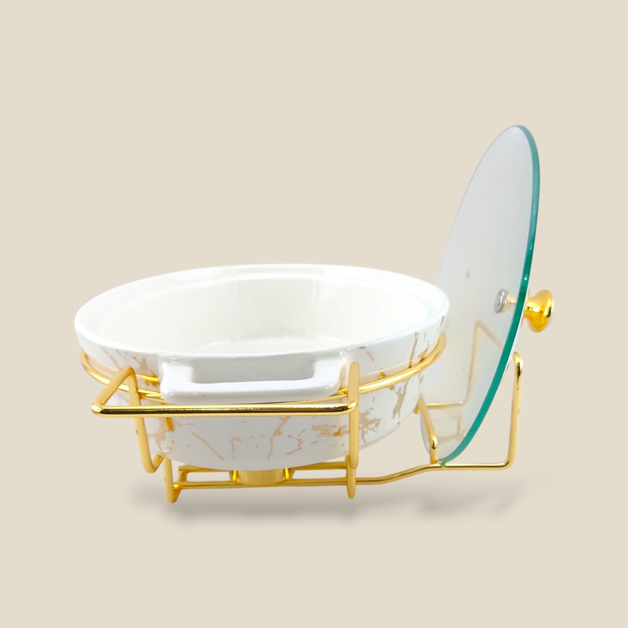Brilliant Oval Casserole And Glass Lid 13.5" With Golden Stand