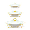 S/W Oval Food Warmer 3-Piece Set White With Golden Stand