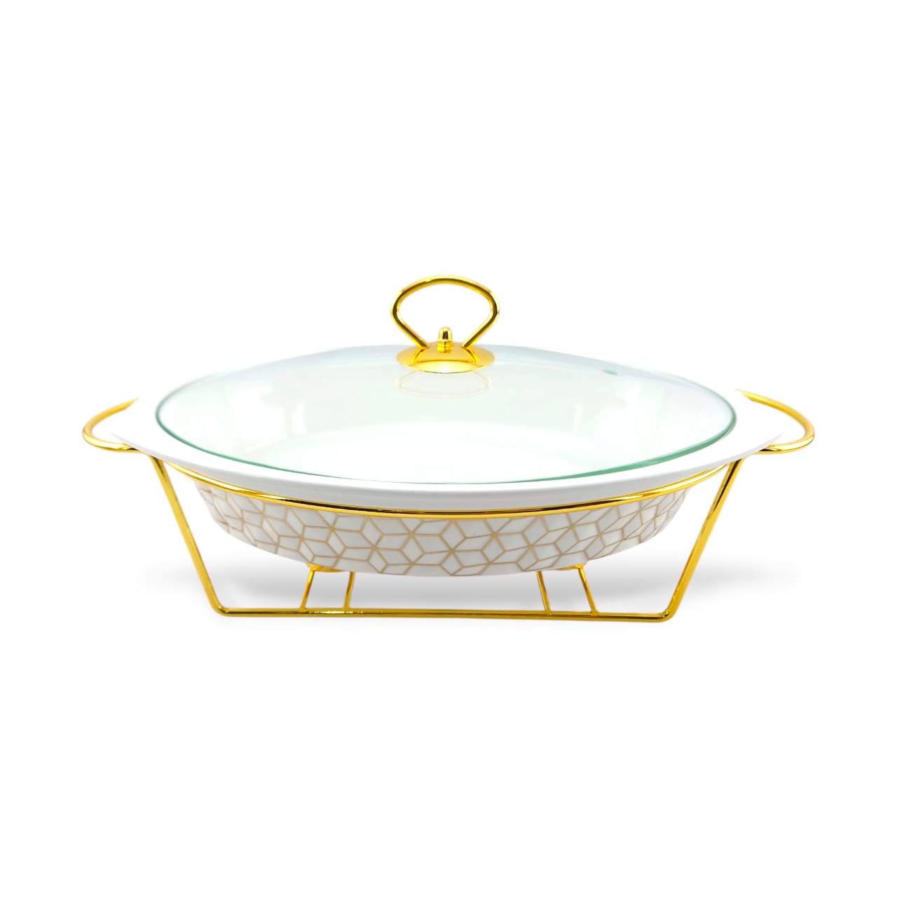 S/W Oval Food Warmer 3-Piece Set White With Golden Stand