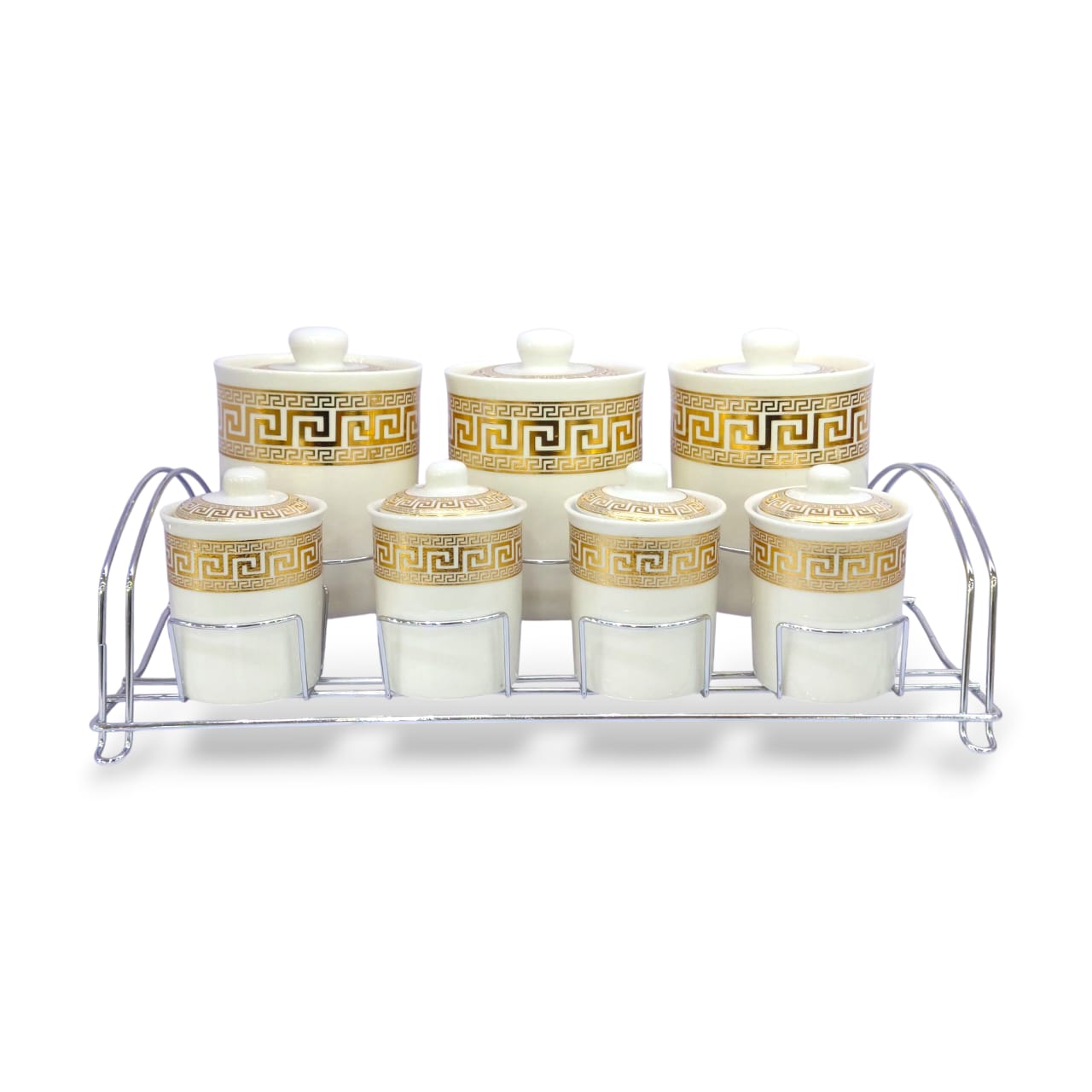 7-Piece Versace-Pattern Ceramic Spice Jar Set Golden
