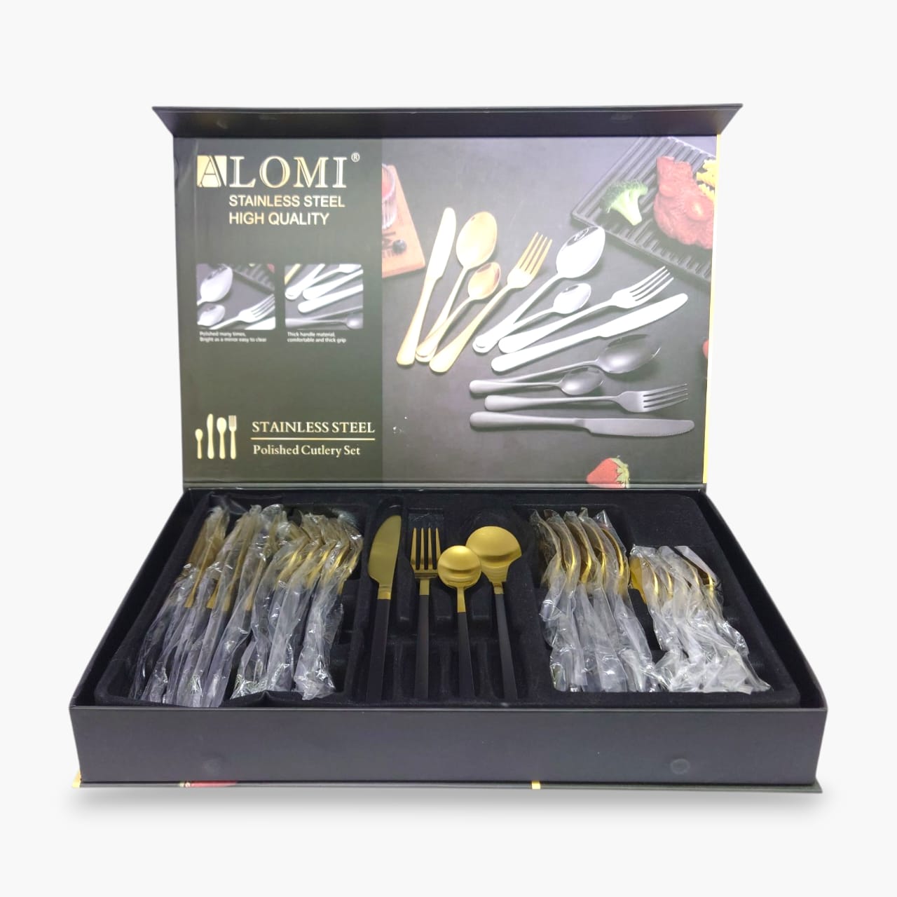 24-Piece Alomi Stainless Steel Cutlery Set Black With Golden
