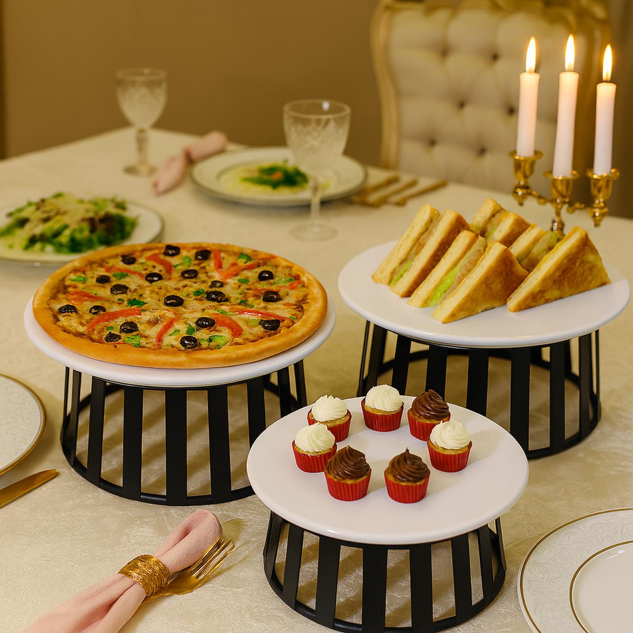 3-Piece Round Serving Platter Set With Black Stand