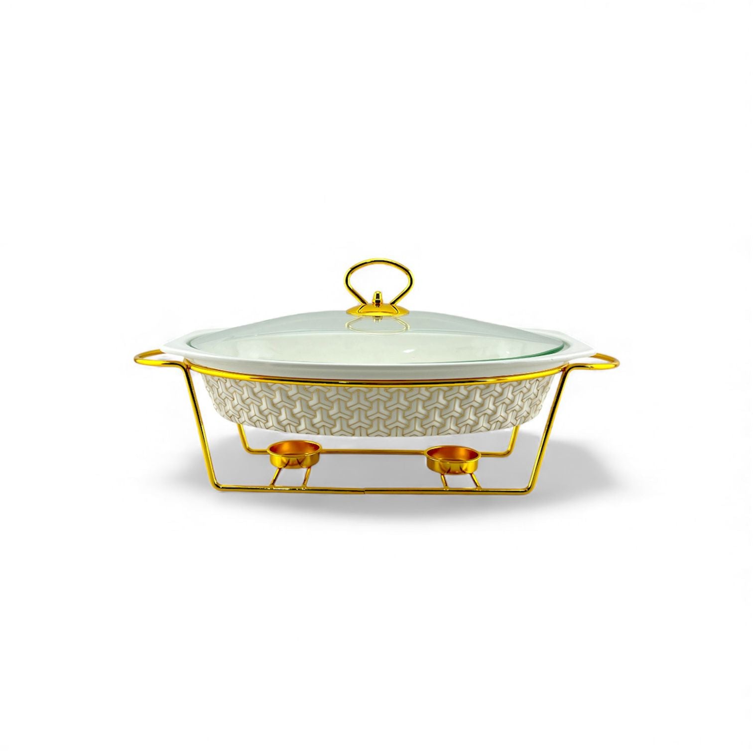 S/W Oval Food Warmer 3-Piece Set White With Golden Stand