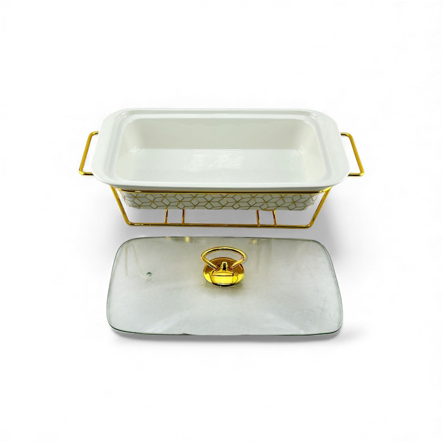 S/W Food Warmer 3-Piece Set White With Golden Stand