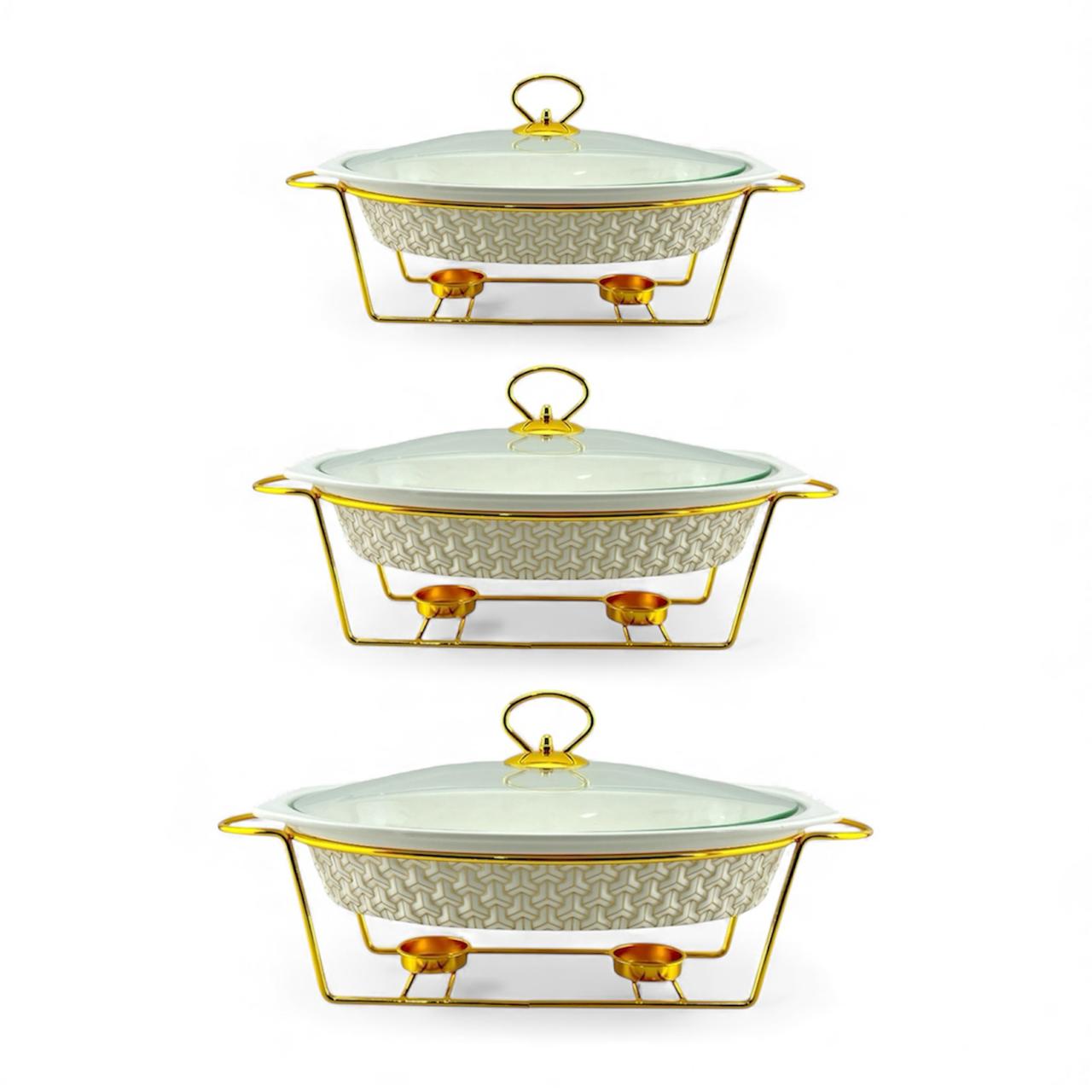 S/W Oval Food Warmer 3-Piece Set White With Golden Stand