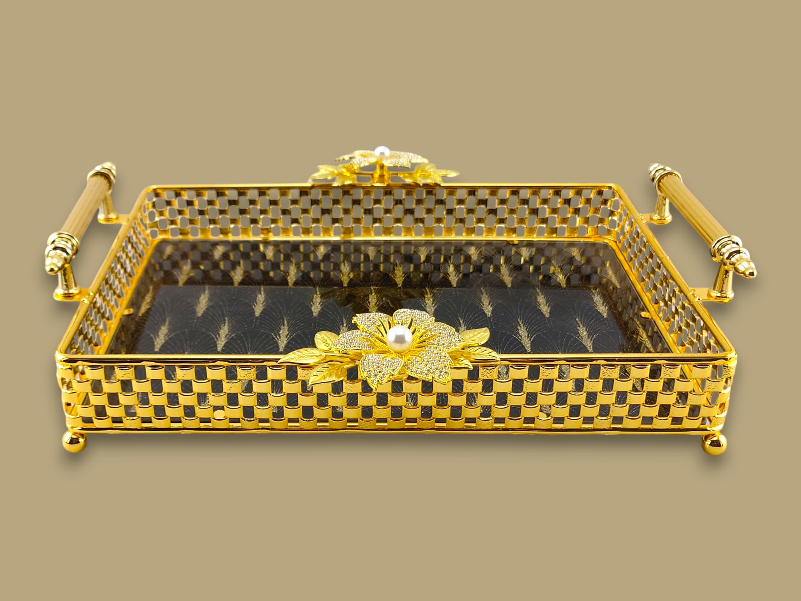 Fancy Glass Rectangular Tray Golden