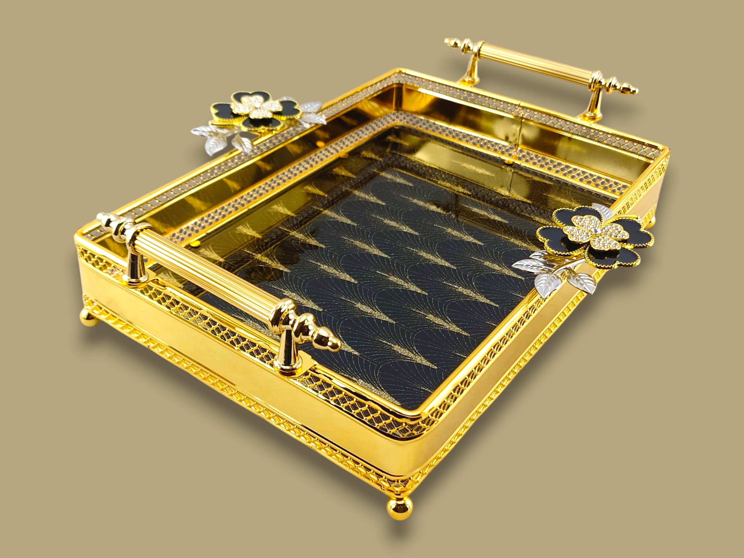 Fancy Glass Rectangular Tray Golden