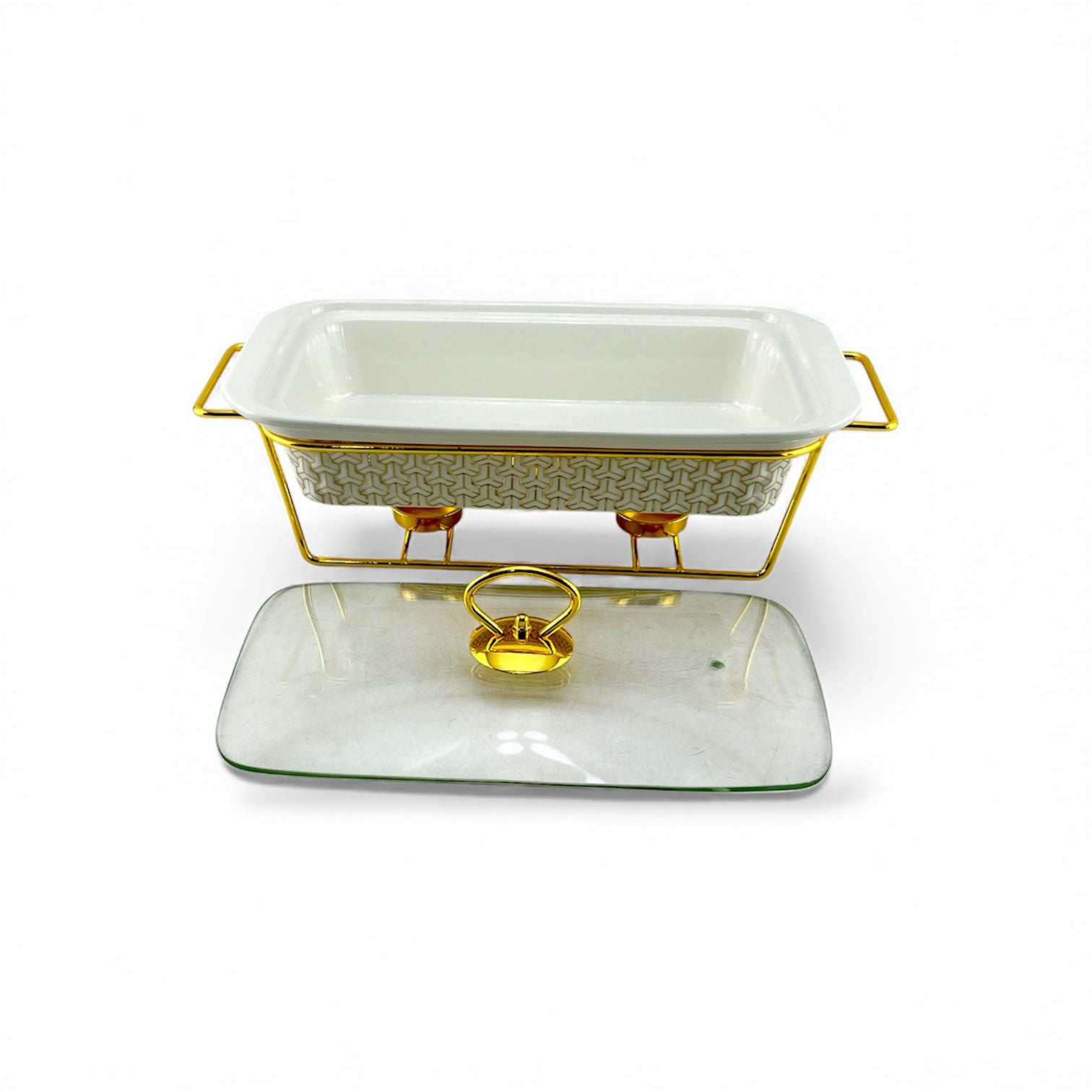 S/W Food Warmer 3-Piece Set White With Golden Stand