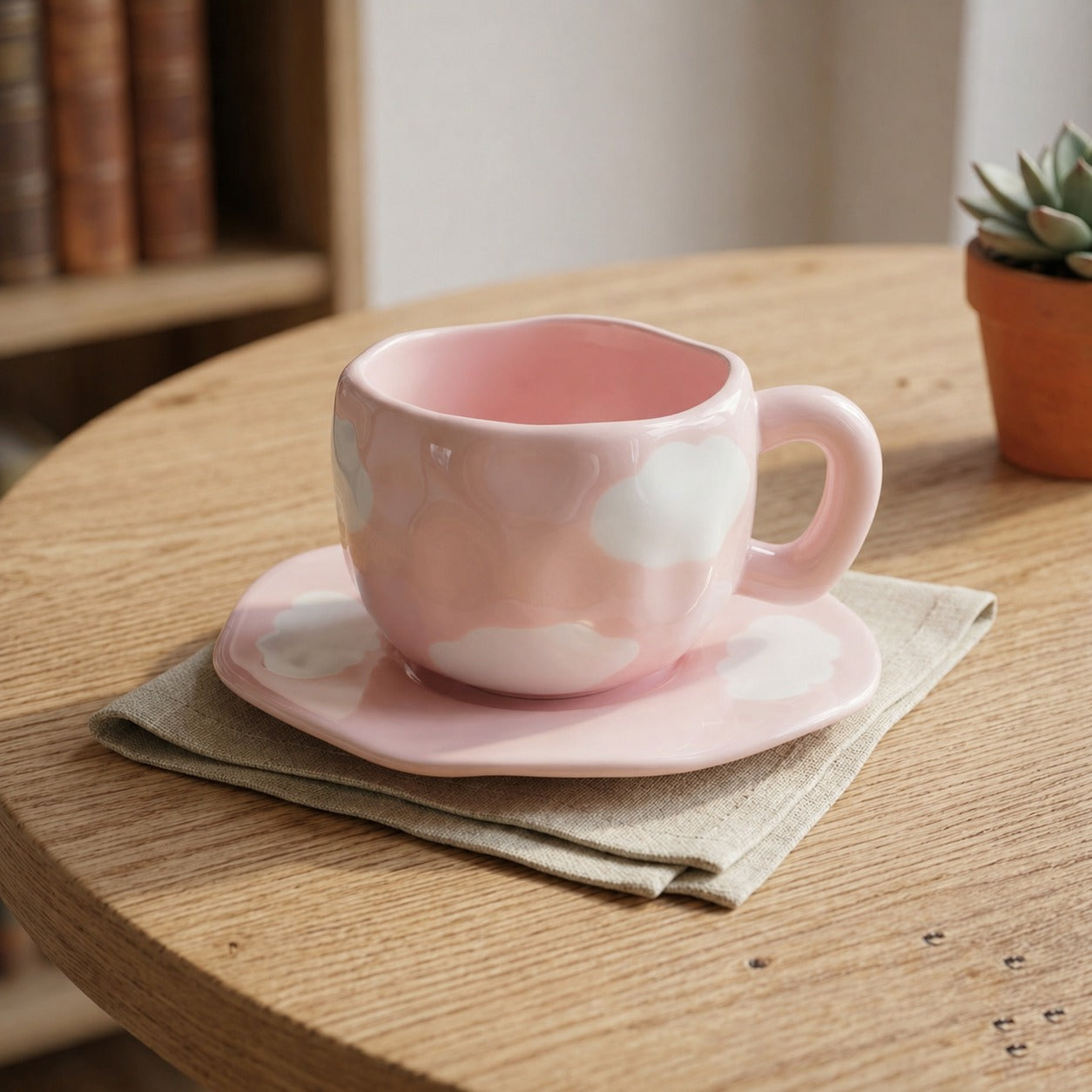 Cloud ceramic mug and saucer / plate pink and white color