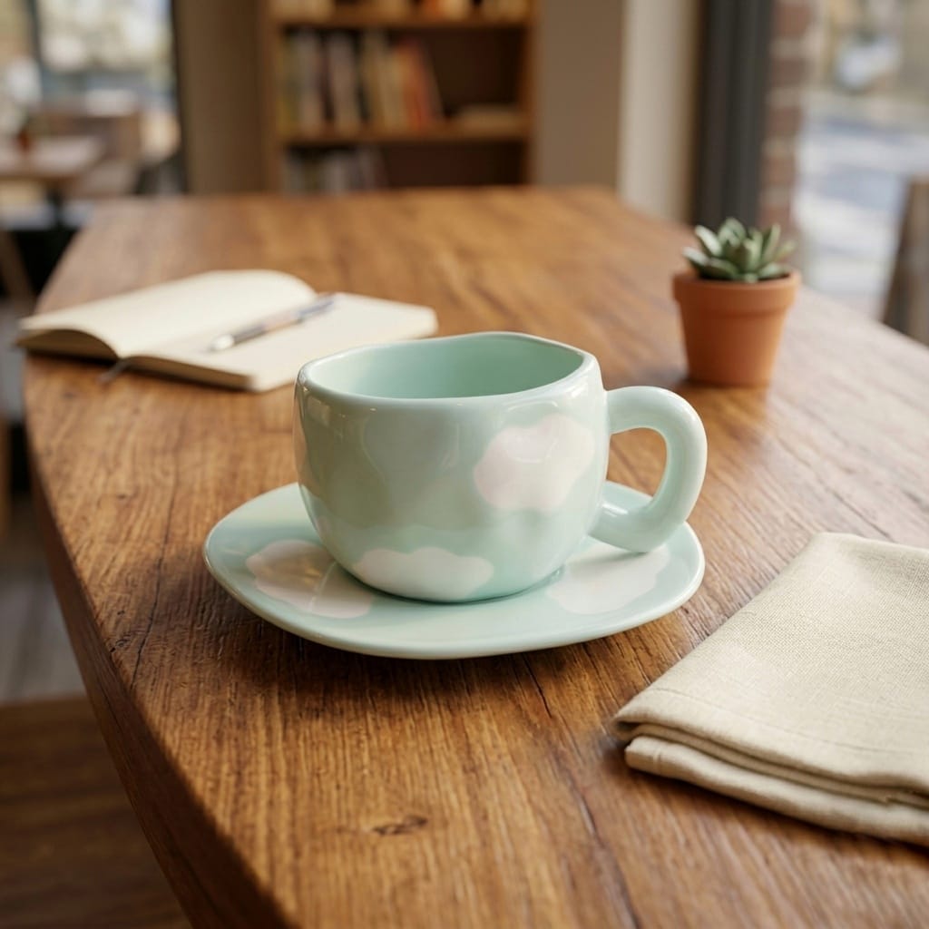 Cloudy ceramic mug and saucer / plate teal / green color