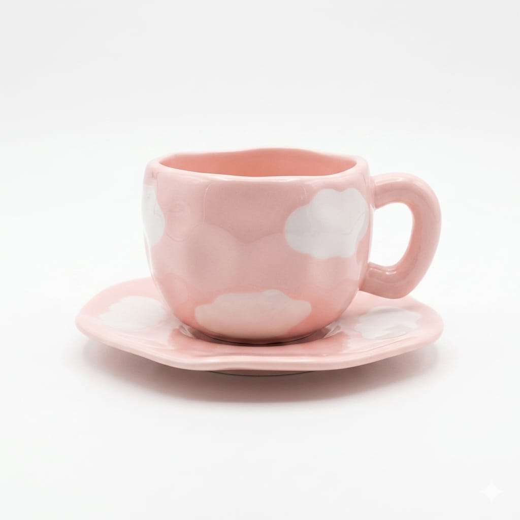 Cloudy pink ceramic saucer / plate with mug