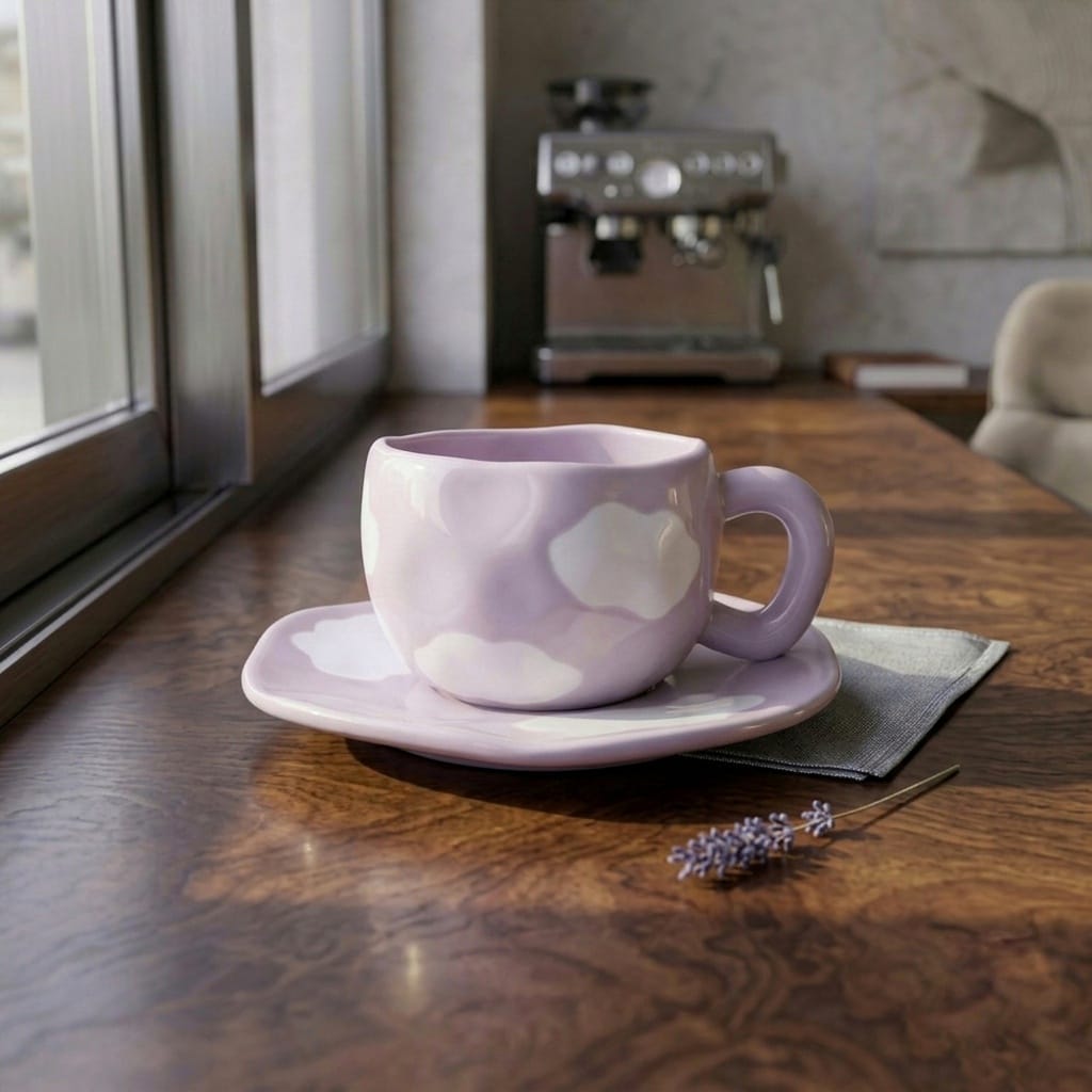 Cloudy ceramic mug and saucer / plate purple color