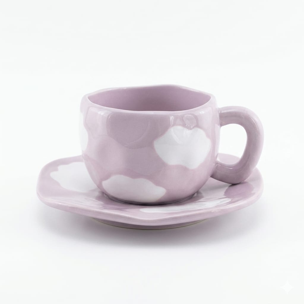 Purple ceramic cup and saucer with white heart patterns on a white background