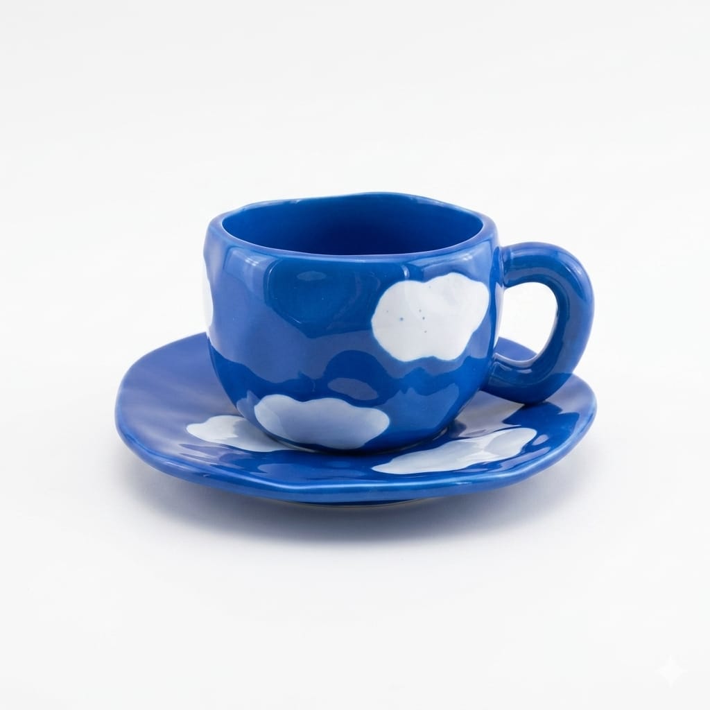 Cloud ceramic mug with saucer / plate blue and white color