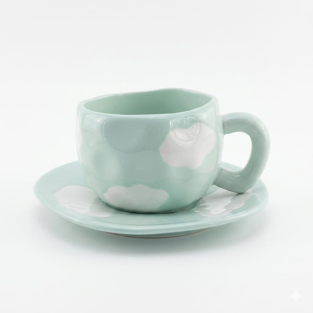 Cloudy pattern ceramic mug and saucer / plate light green color