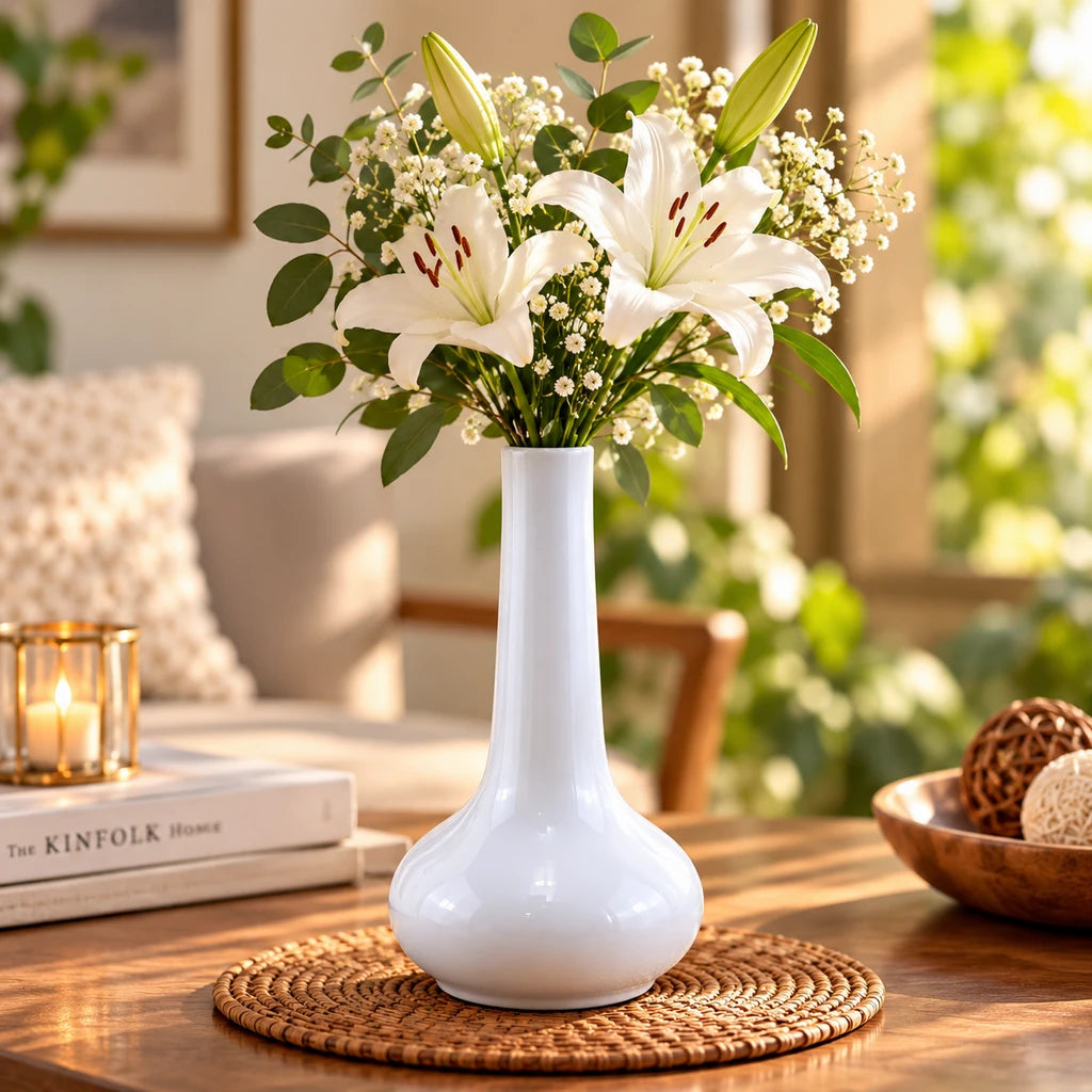 Forte B.K Classic Long-Neck White Ceramic Vase, 6 Inch